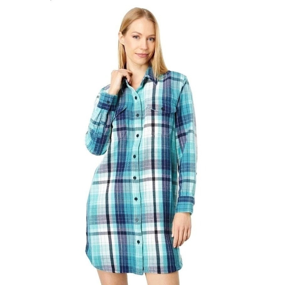 OUTERKNOWN S Blanket Shirt Dress Blue Wave Seacrest Plaid Cotton Twill Teal Navy
